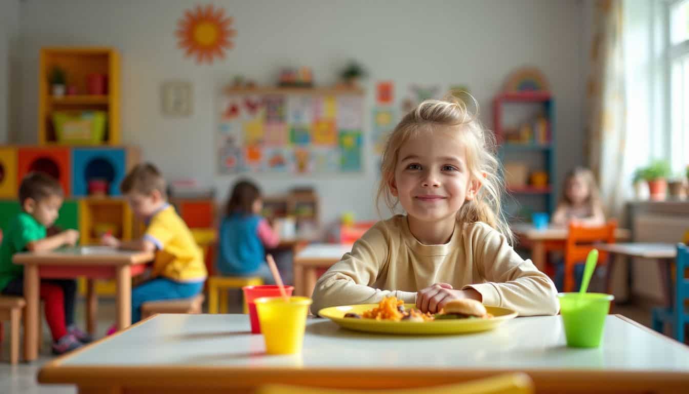 A colorful and inviting daycare center with play areas and meal services.