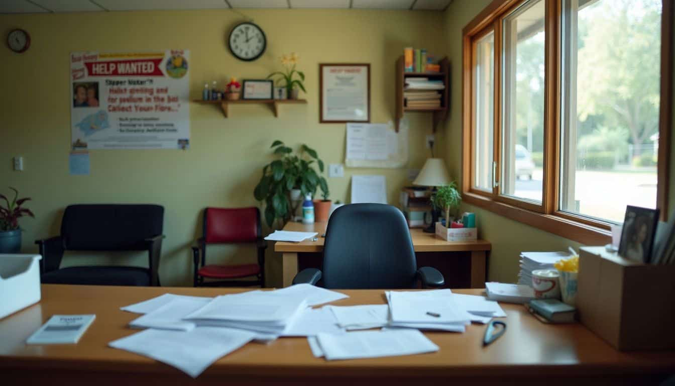 A vacant daycare office with scattered paperwork and a 'Help Wanted' sign.