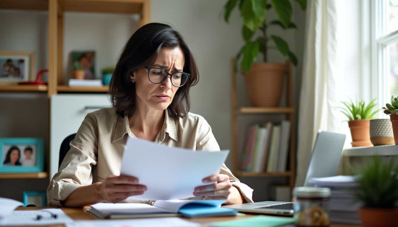 A working mother reviewing budget with concern in cluttered home office.