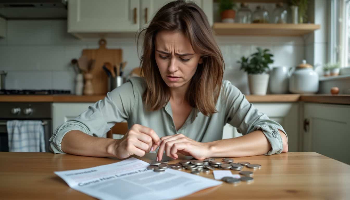 A stressed mother at a cluttered kitchen table counts coins.