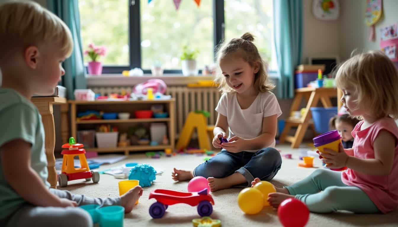 A chaotic daycare room with unlabelled toys and children's belongings.