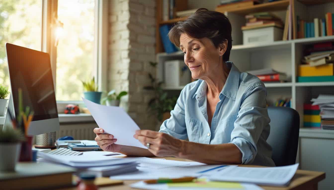 A daycare center owner reviewing insurance policies and paperwork in a cluttered office.