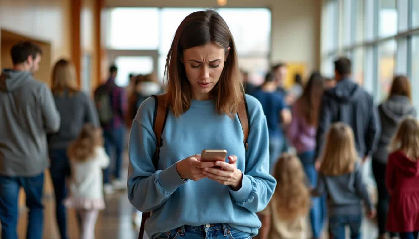 A mother in a busy daycare lobby looks worried while checking her phone.