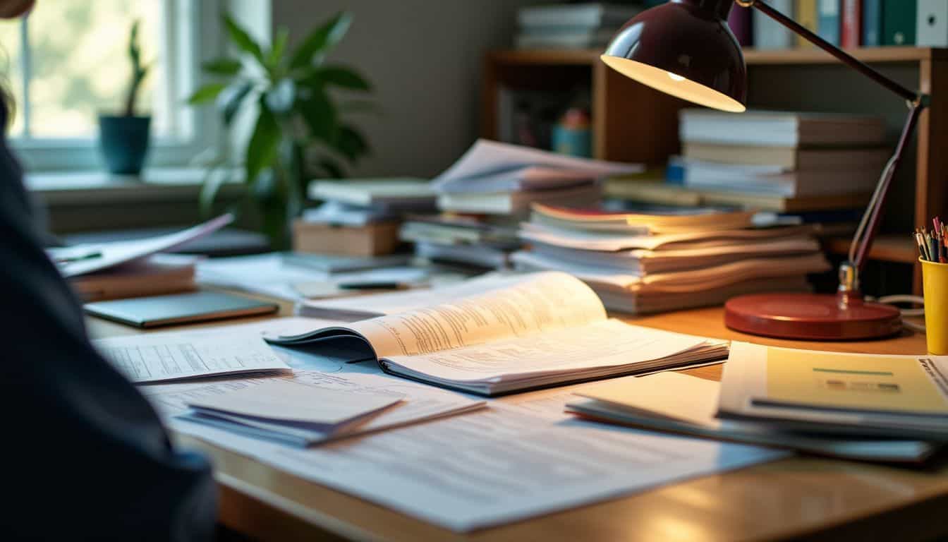 A cluttered office desk with daycare licensing and compliance paperwork.