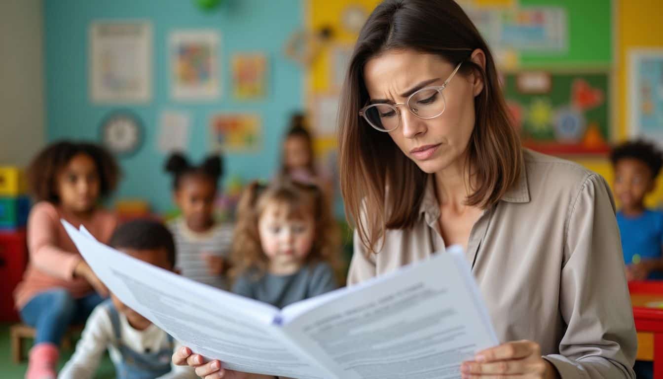 Daycare director reviewing compliance regulations in vibrant, child-centered environment.