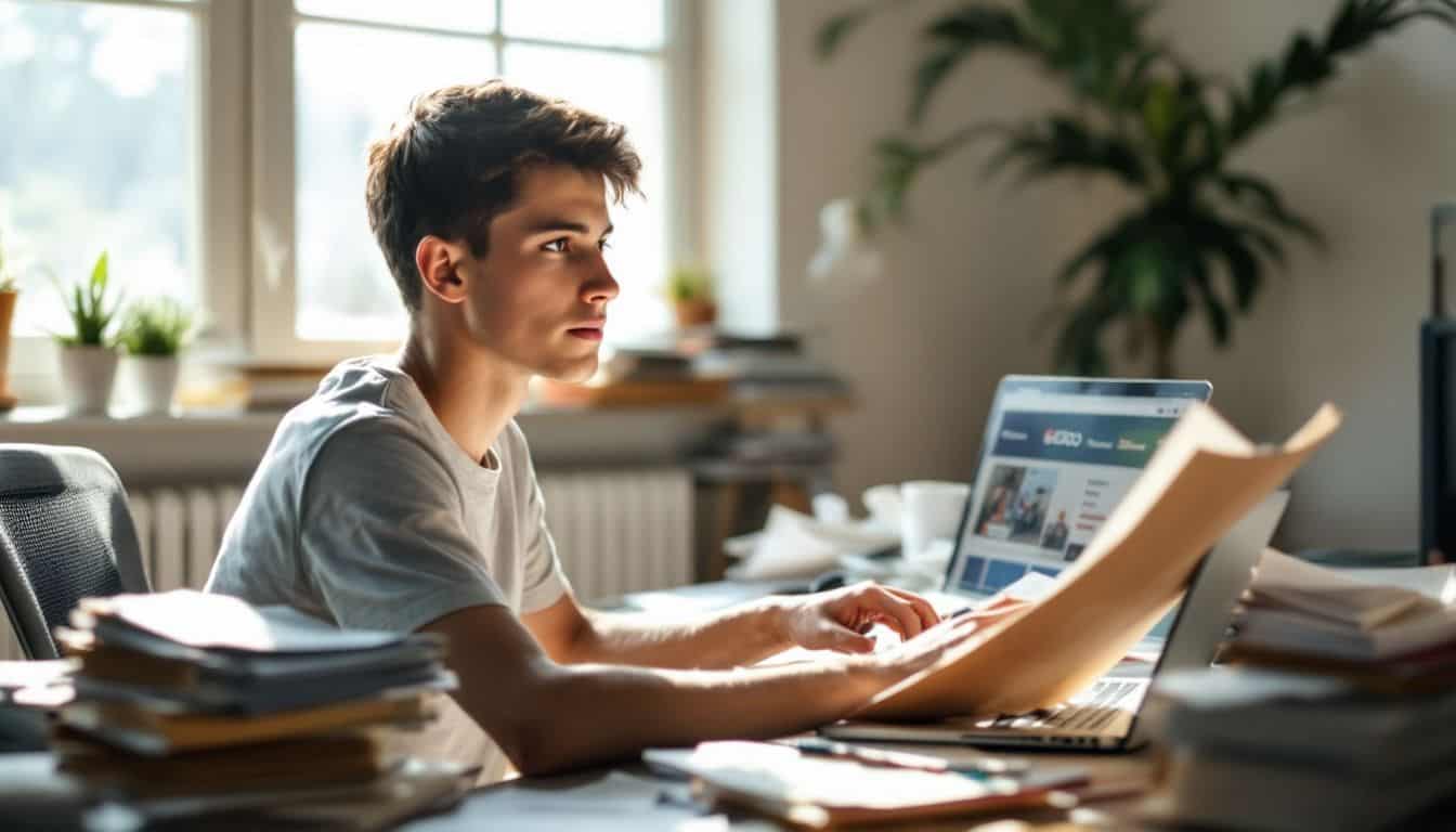 A young adult sits at a cluttered desk comparing insurance companies.