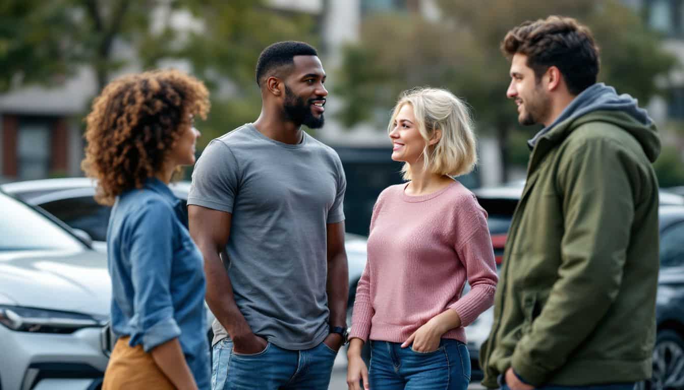 Four people discussing insurance premiums in an urban parking lot.