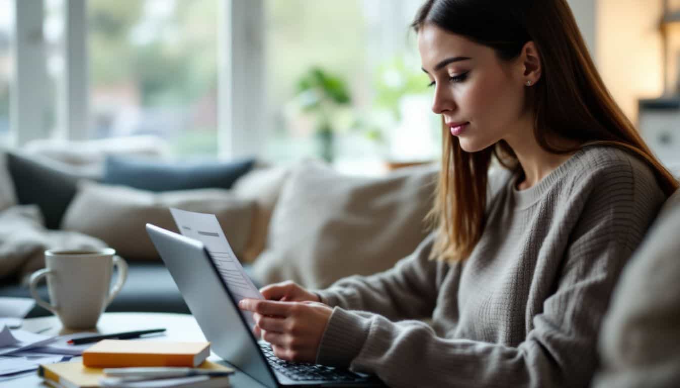 A young woman sitting in a cozy living room, comparing car insurance quotes.