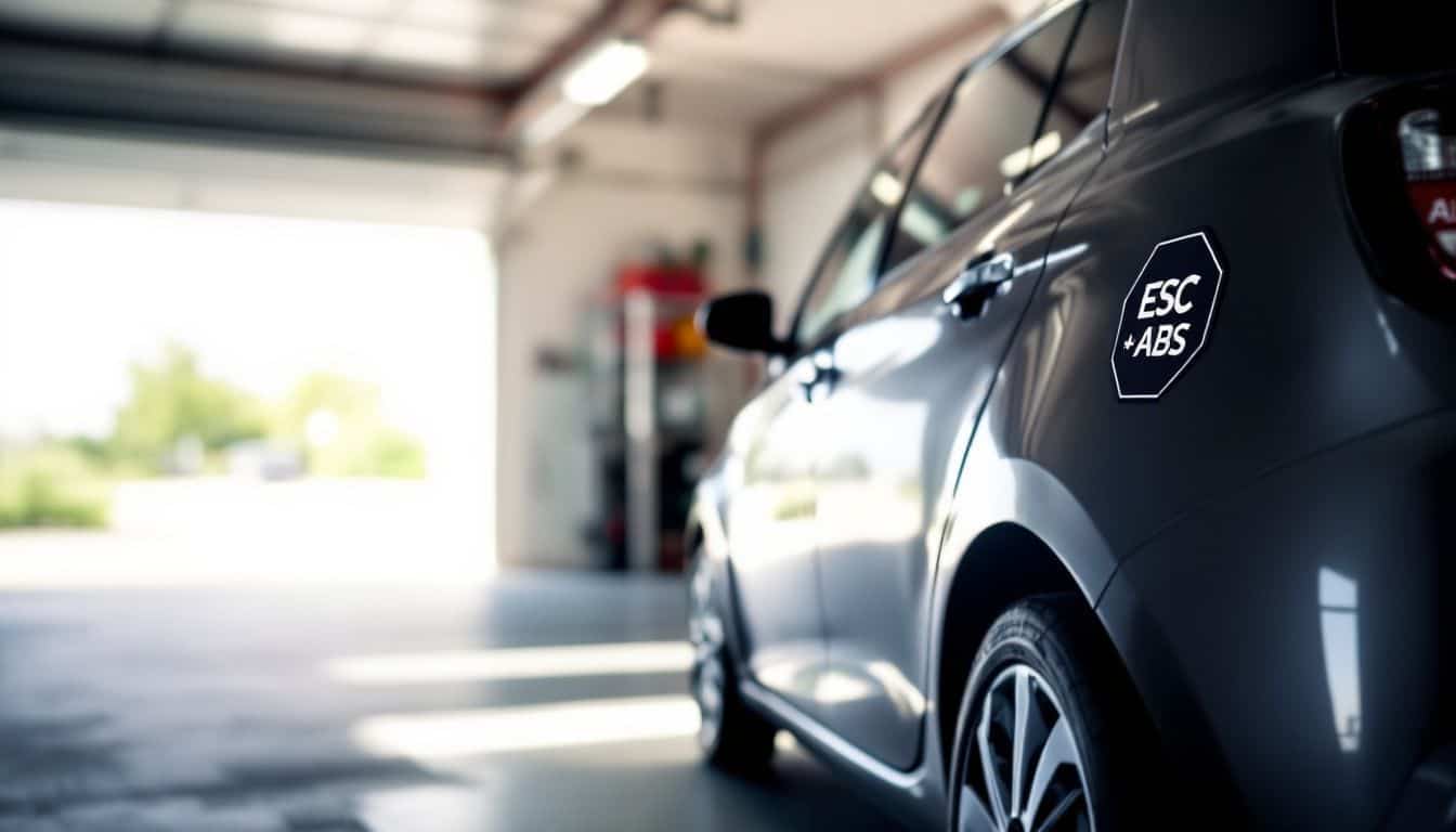 A compact car parked in a well-lit garage showcasing safety features.