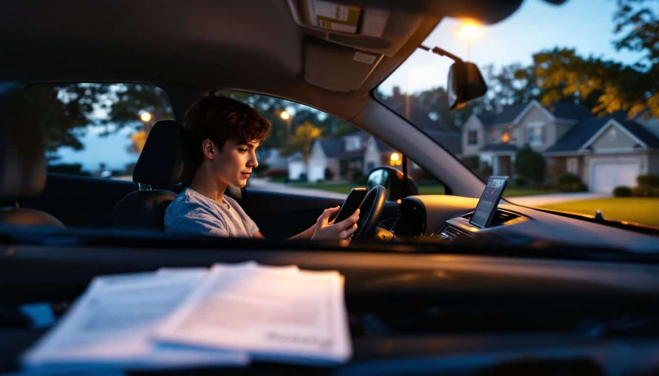 A young driver is parked in a 2024 Nissan Sentra checking insurance quotes on their smartphone.