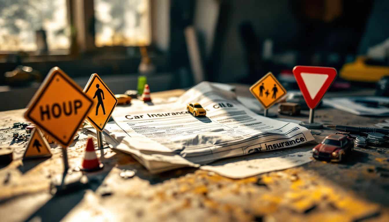 A crumpled car insurance bill surrounded by road sign replicas on a workbench in a garage.