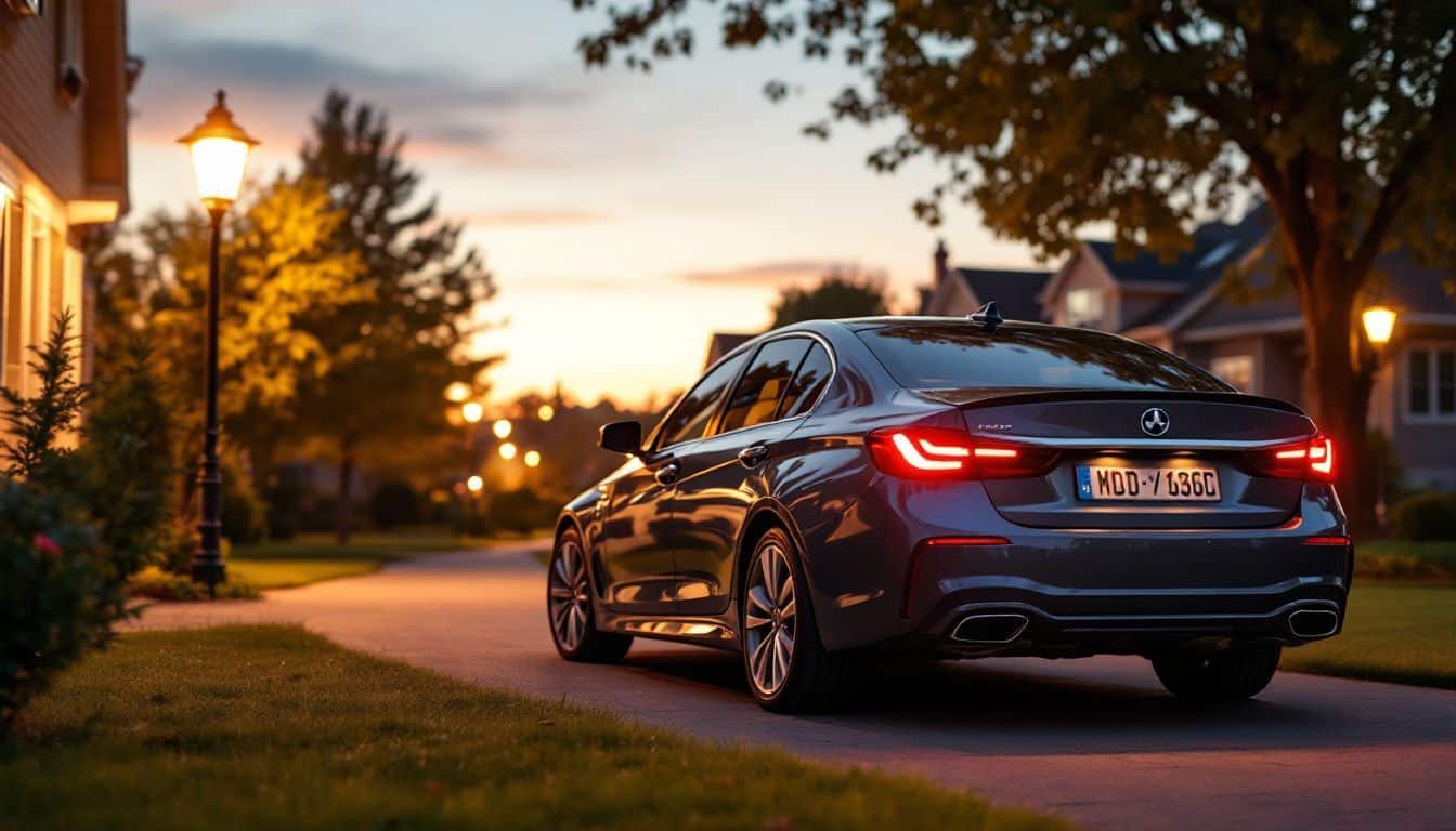 A sedan parked in a suburban driveway at dusk.