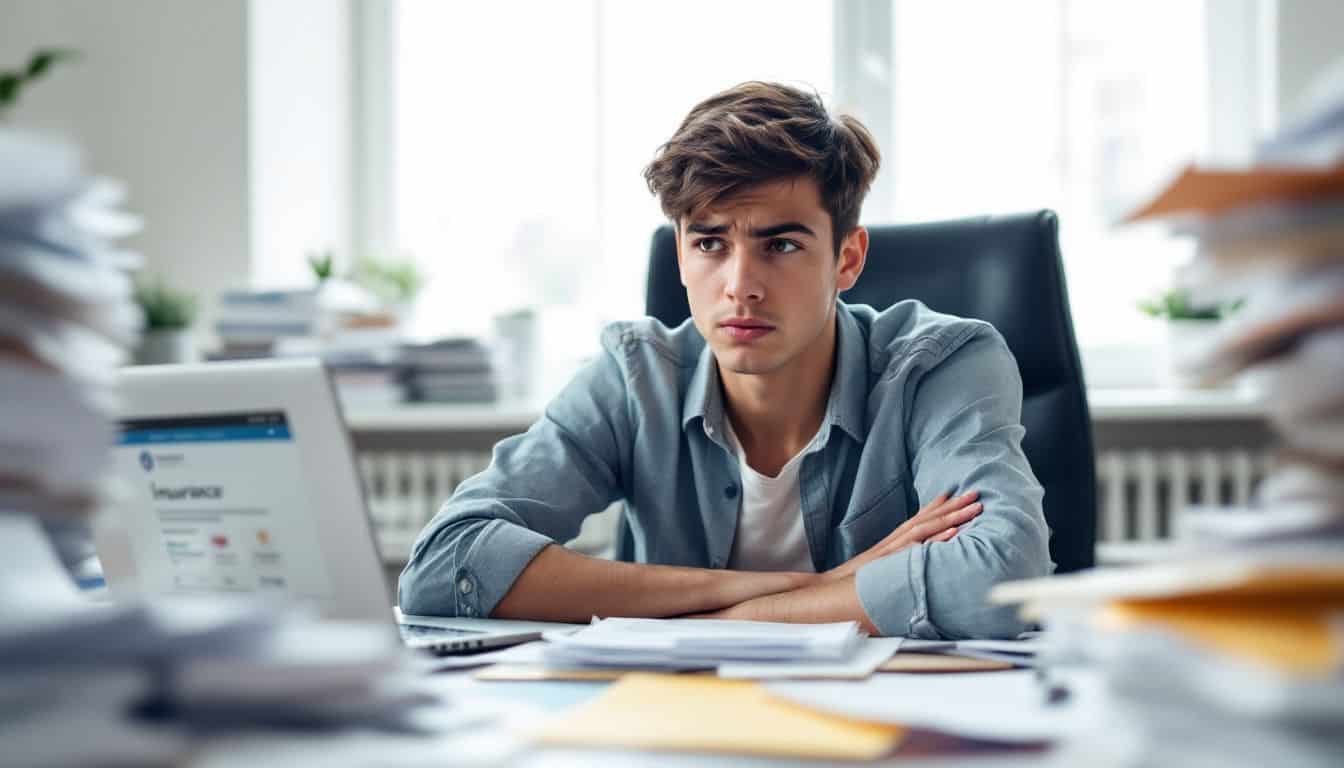 A young driver looks worried while navigating through an insurance website.