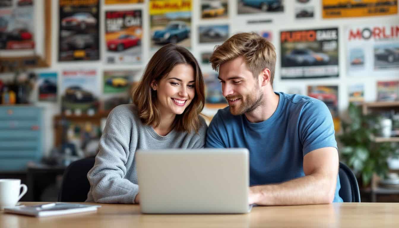 A couple in their 30s, engrossed in a laptop, surrounded by car-themed decor.