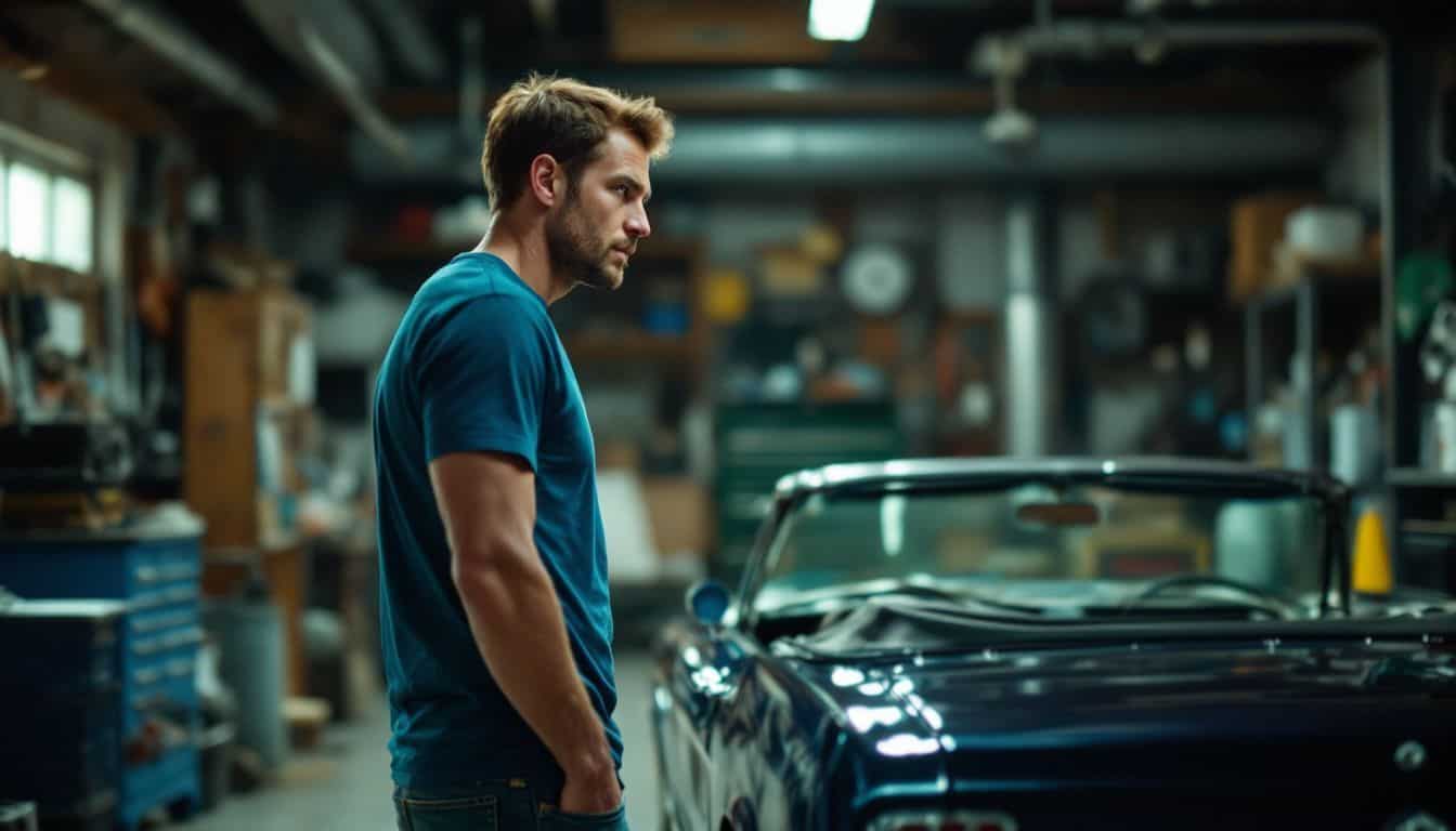 A man in his 30s is standing in a garage, gazing at a 1965 Ford Mustang convertible.