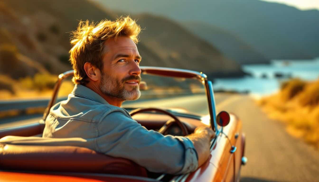 A man in his 40s driving a vintage 1956 Ford Thunderbird.