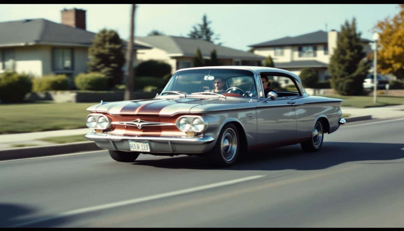 A vintage 1960 Chevrolet Corvair driving down a suburban street.