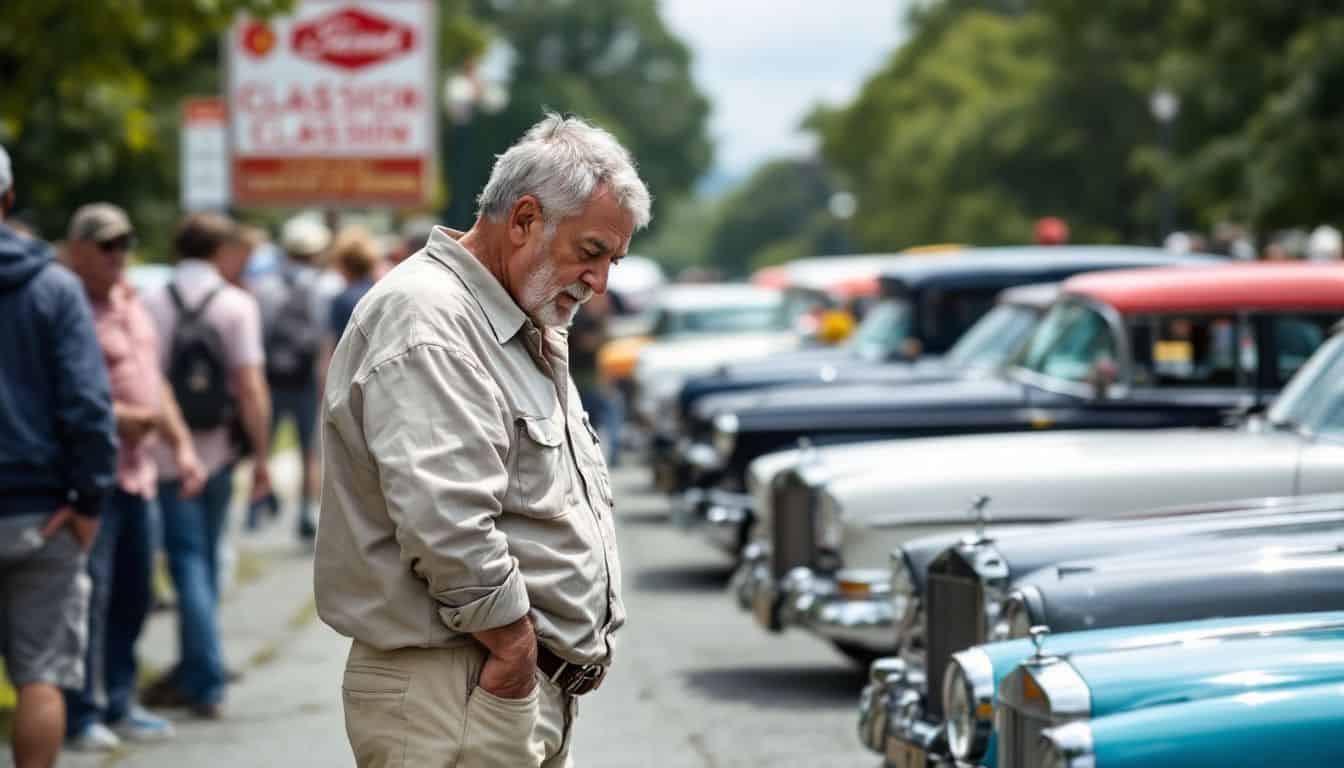 An elderly man examines vintage cars at a classic car show.