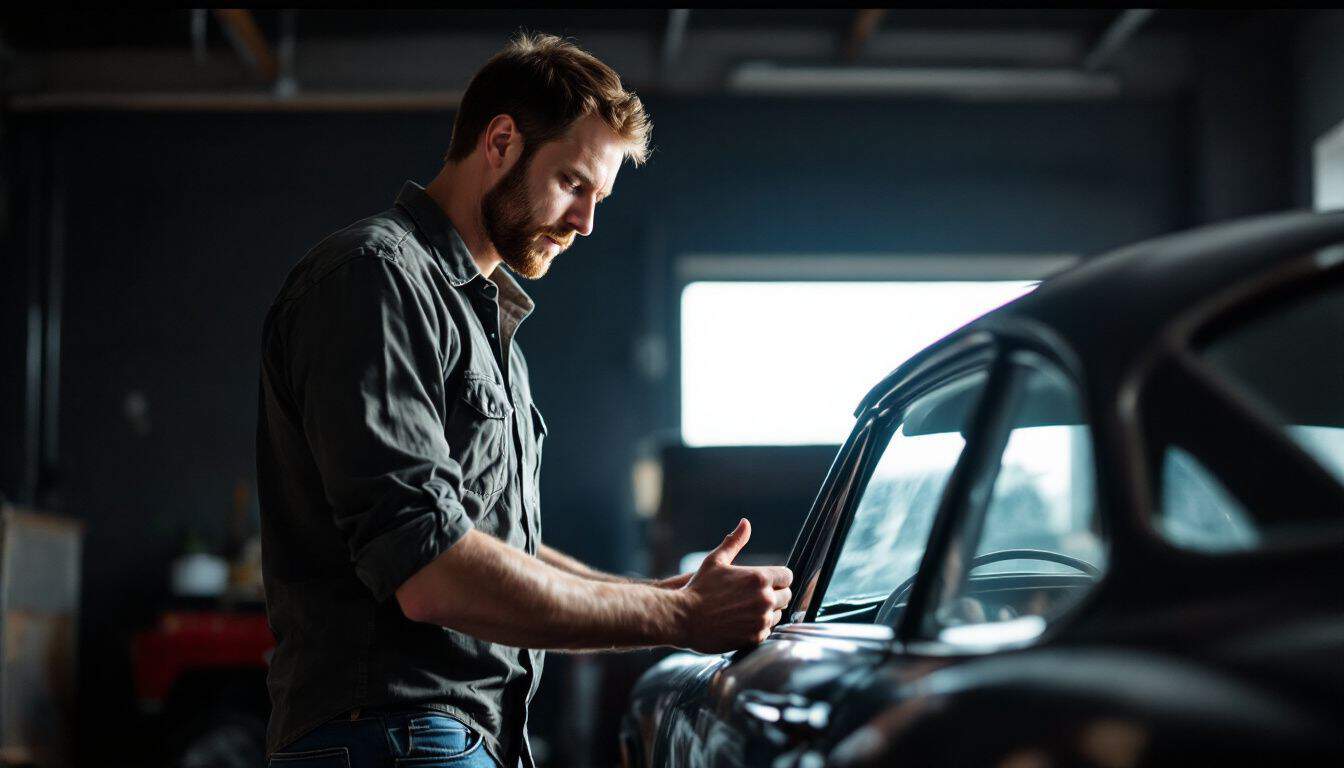 A man in his 30s inspects a vintage car in a garage.