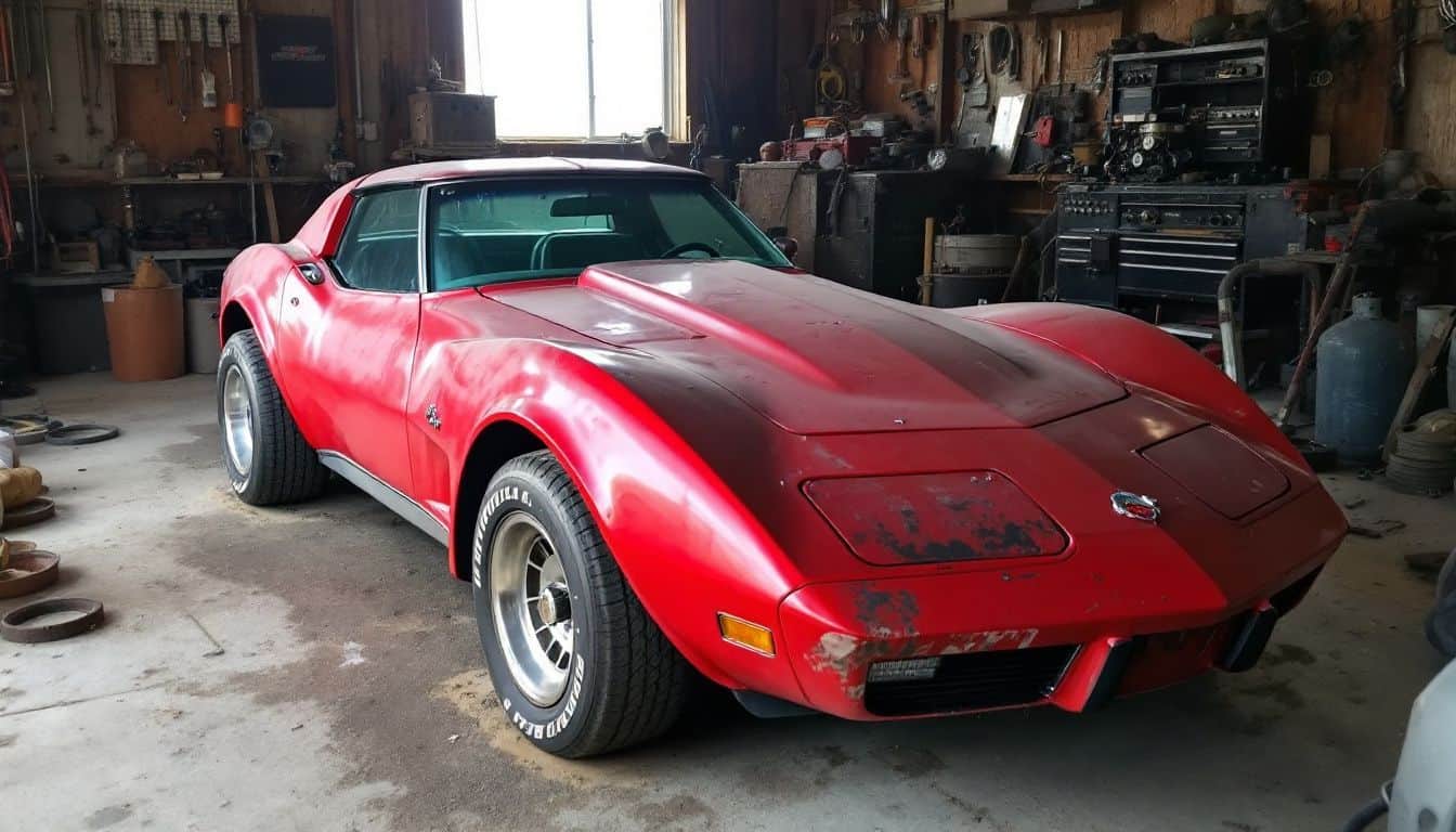 A 1973 Chevrolet Corvette with a powerful 454 Big Block engine in a dusty garage.