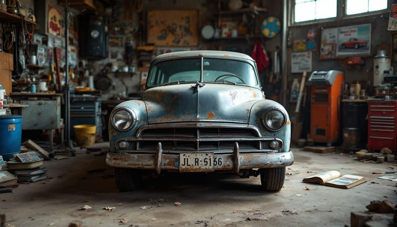 An old classic car parked in a dusty garage surrounded by vintage automotive magazines and tools.