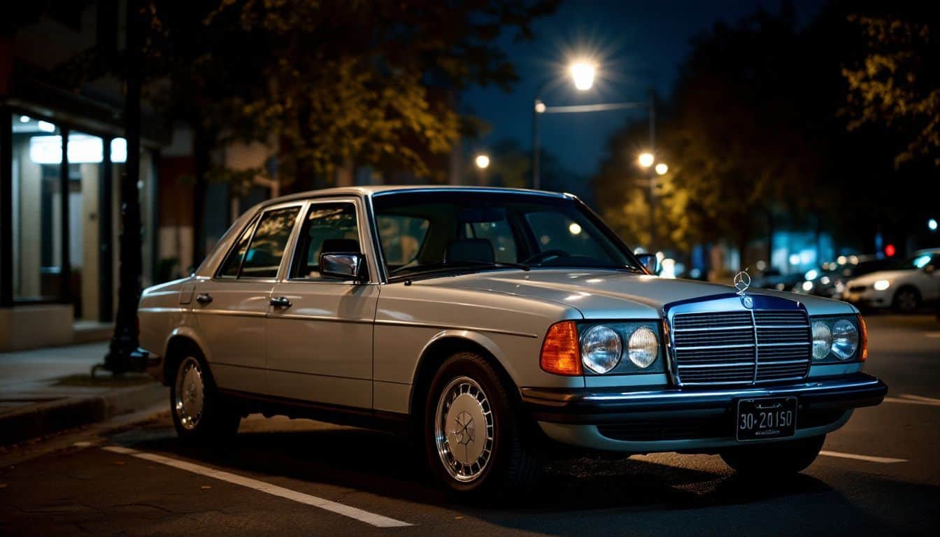 A vintage 1984 Mercedes-Benz 300D Turbo parked in urban setting.