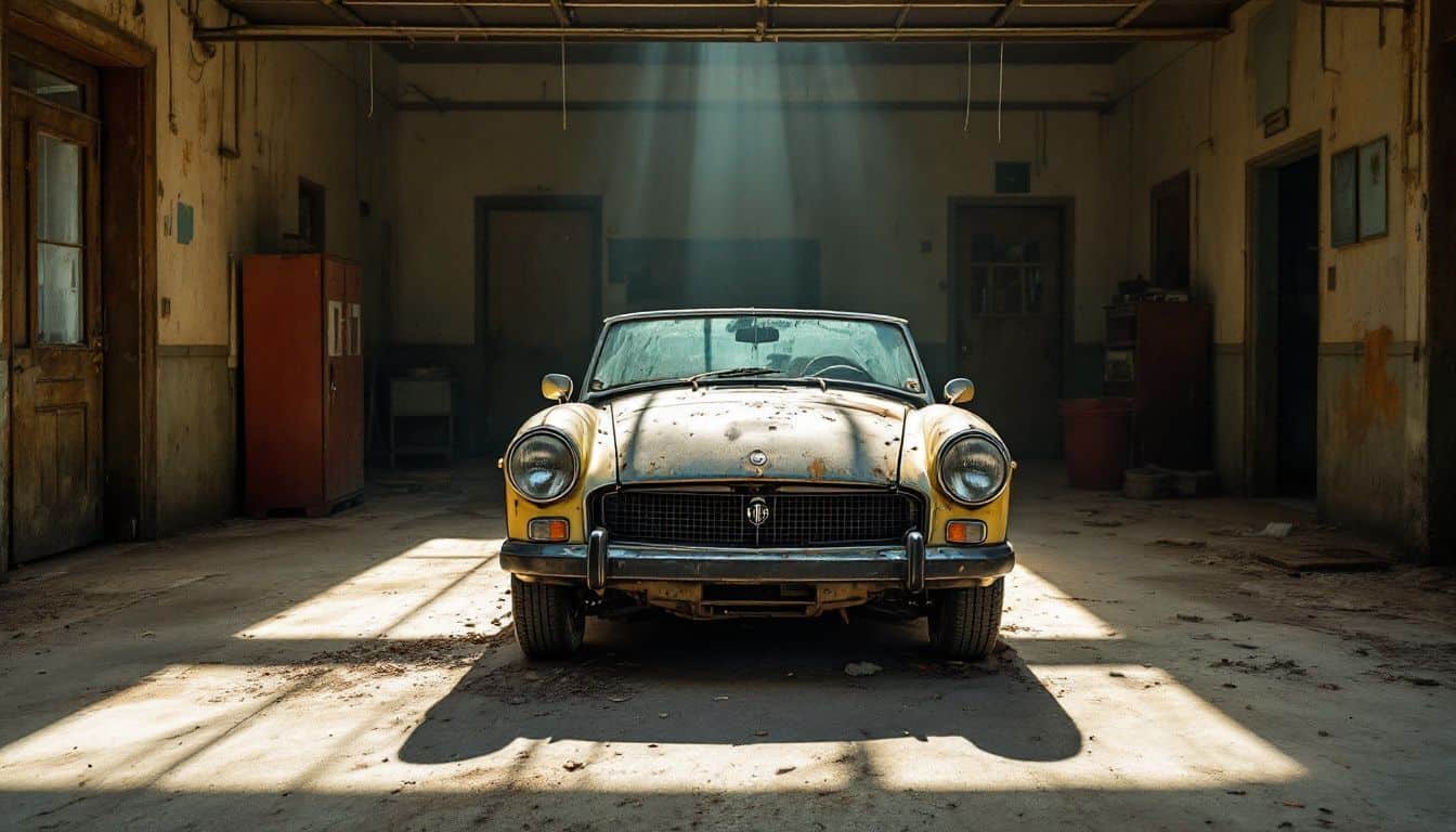 An abandoned garage with a dusty 1978 MG Midget awaiting restoration.