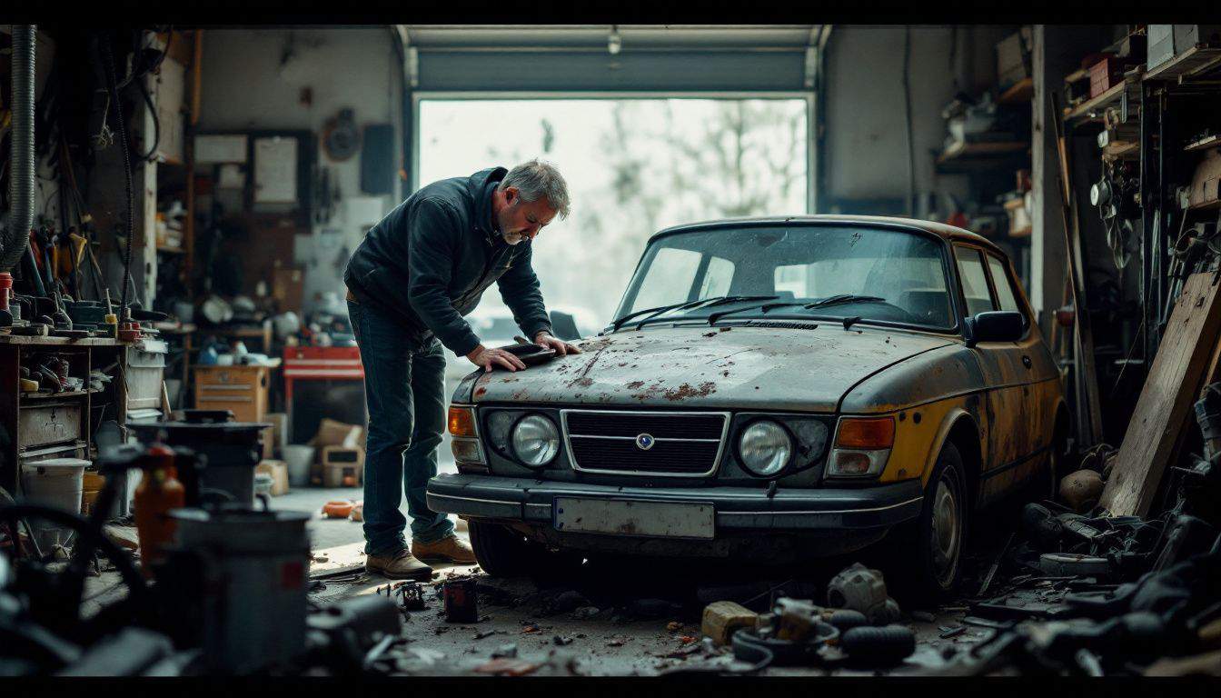 A middle-aged man examines an old, worn Saab 900 in a garage.