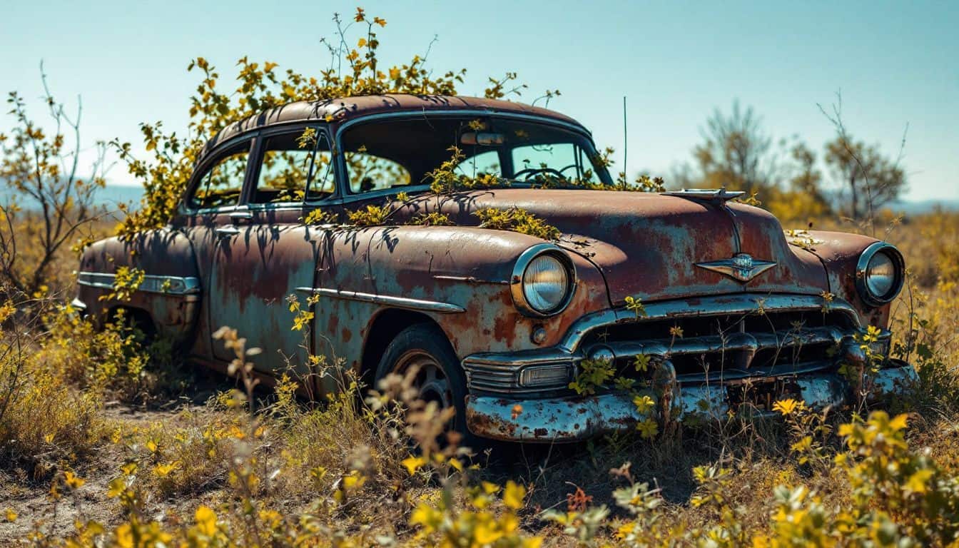 An abandoned classic car sits rusted and overgrown in a neglected field.