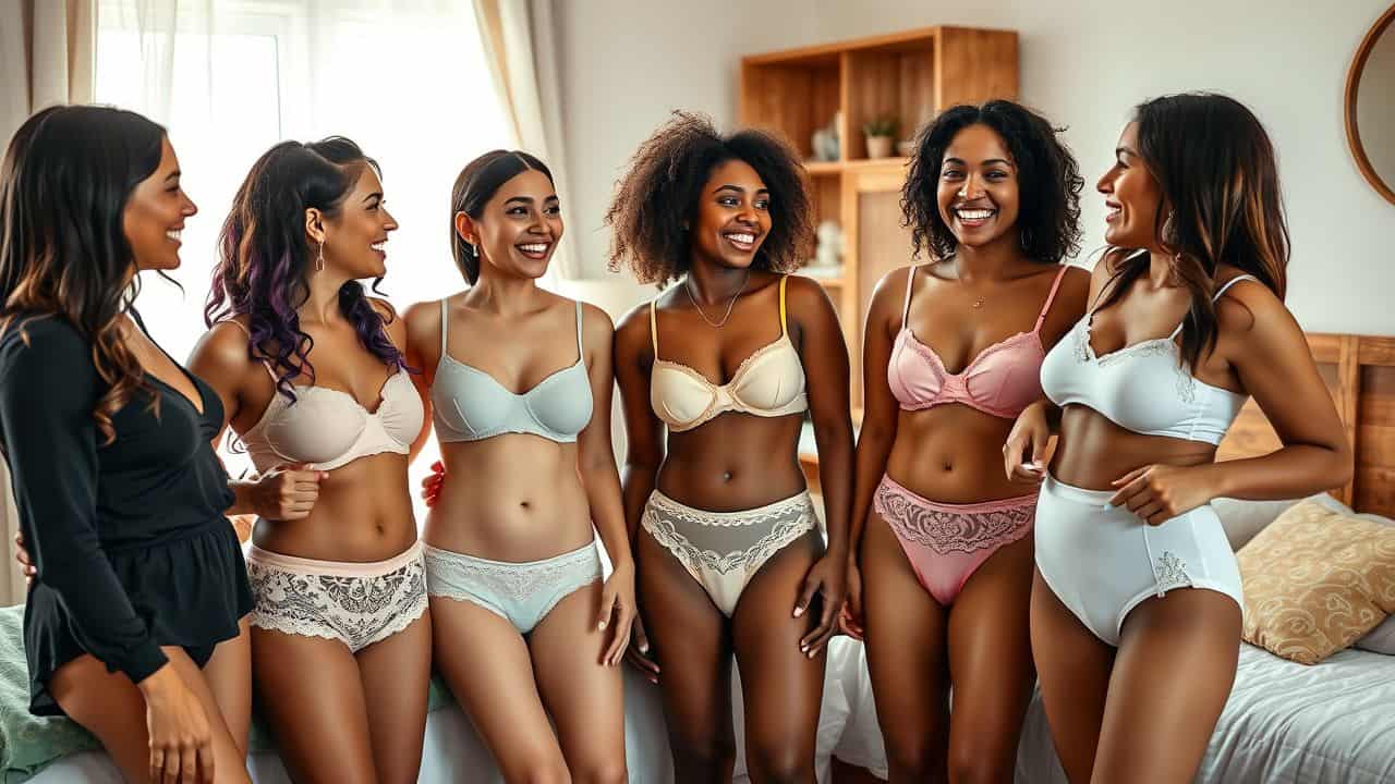 A diverse group of young women in a bedroom, showcasing period underwear.