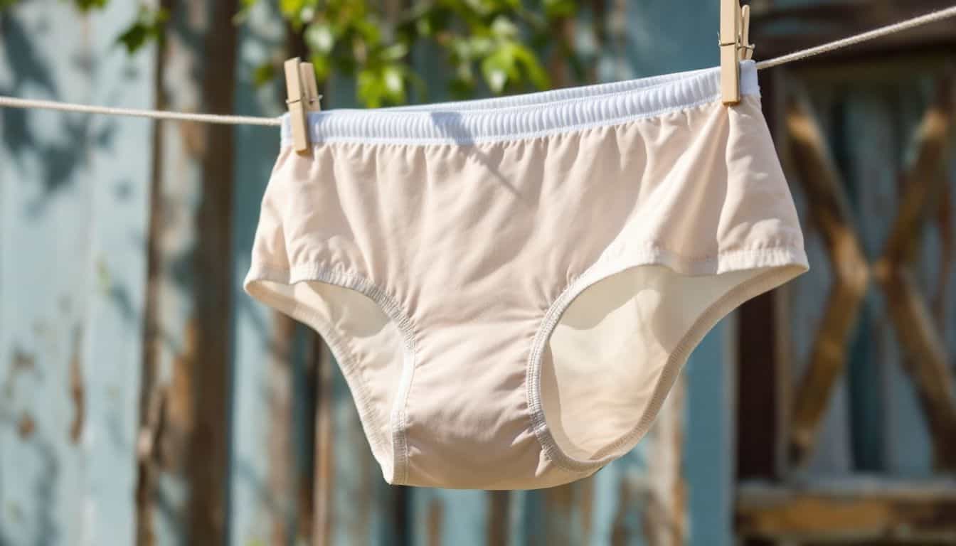 A pair of AerieReal Period Underwear hanging on a wooden clothesline.