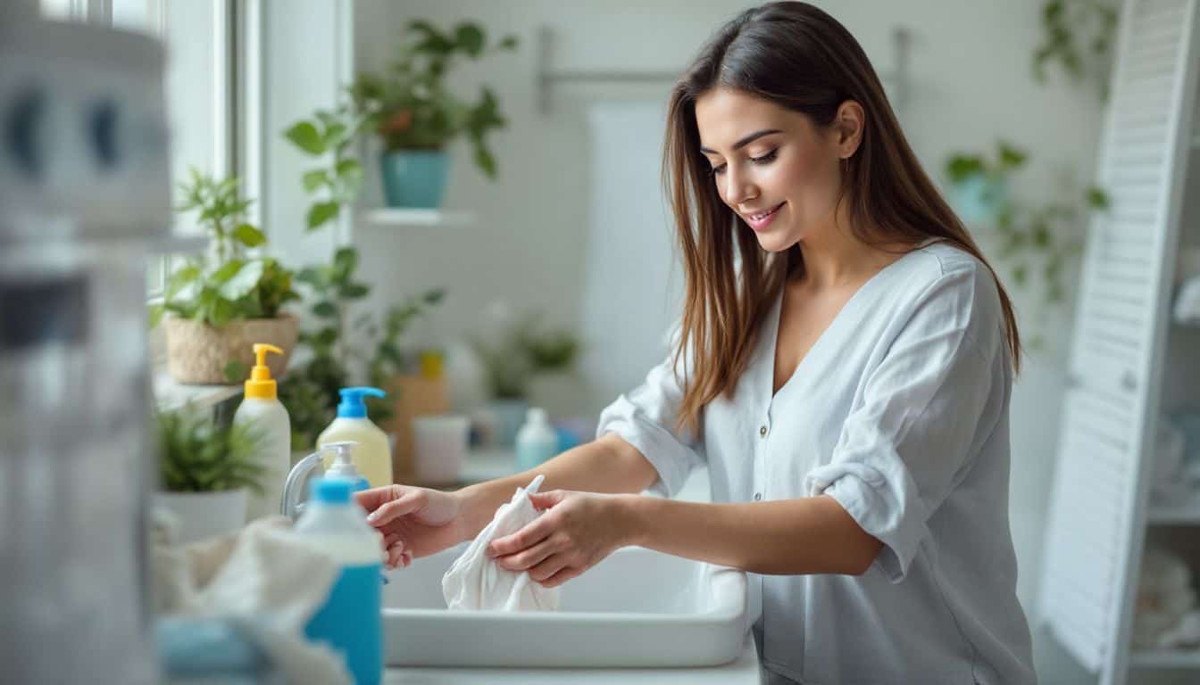 A woman in her 30s washes period underwear in a bright bathroom.