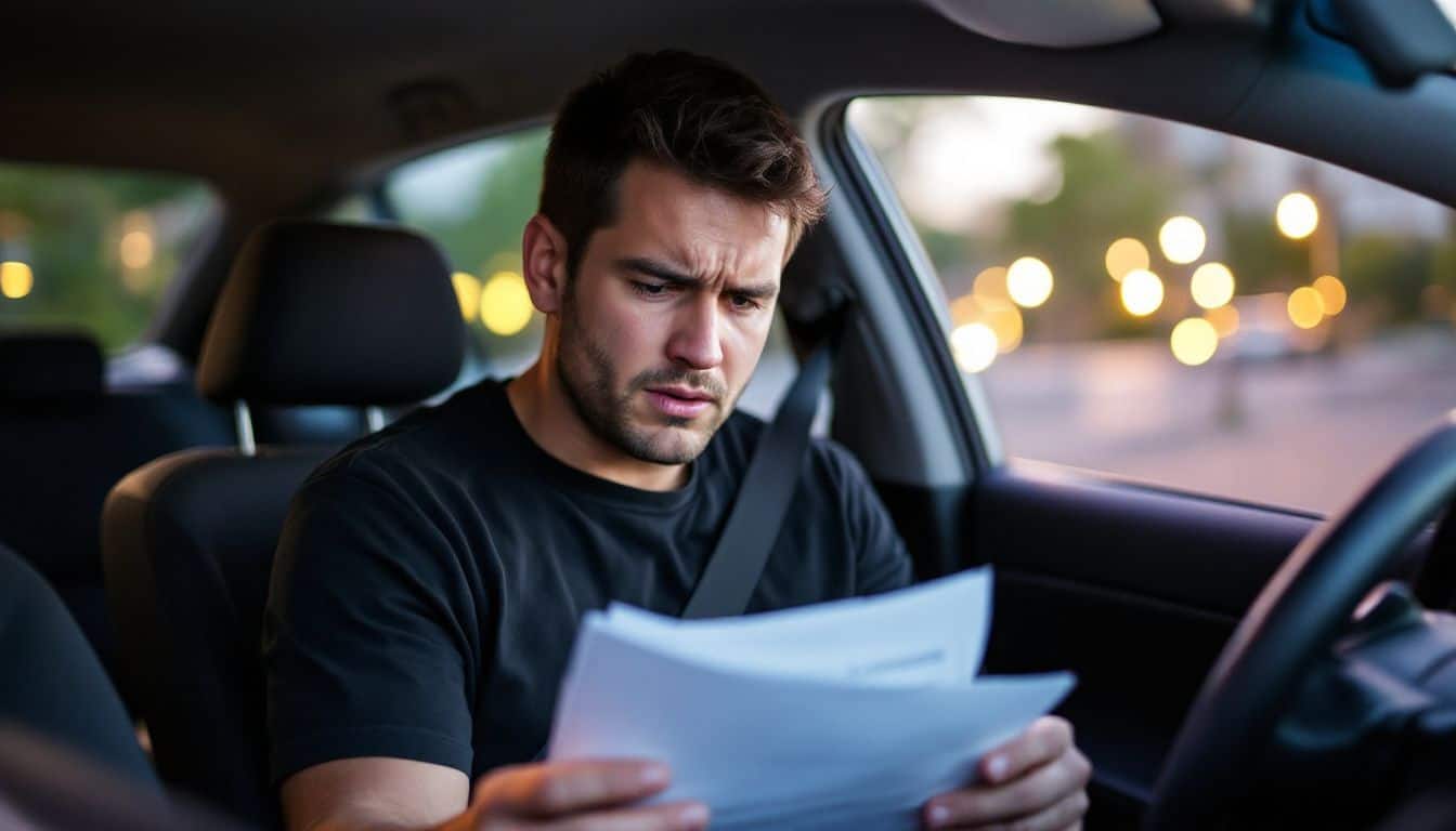 An Uber driver sits in their car, frustrated while looking at paperwork.