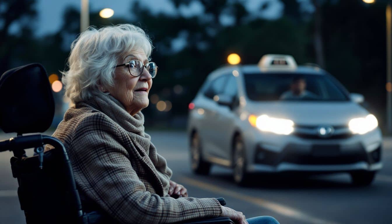 An elderly woman in a wheelchair is surprised by an approaching Uber driver.