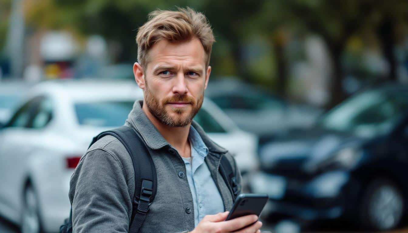 A man in his 40s holding a smartphone with a car accident in the background.