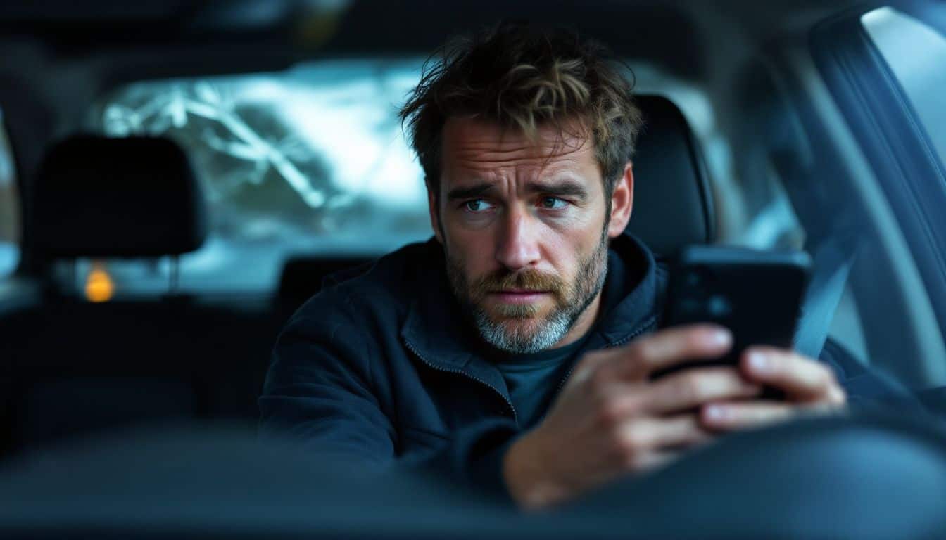 A male Uber driver in his late 30s checks his phone for ride requests inside a car.