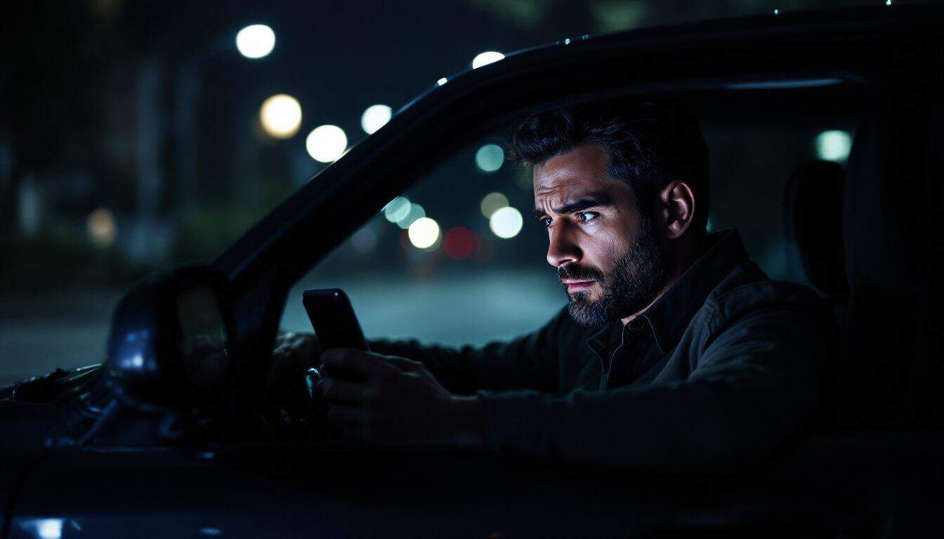 An off-duty Uber driver sitting in his parked car at night.