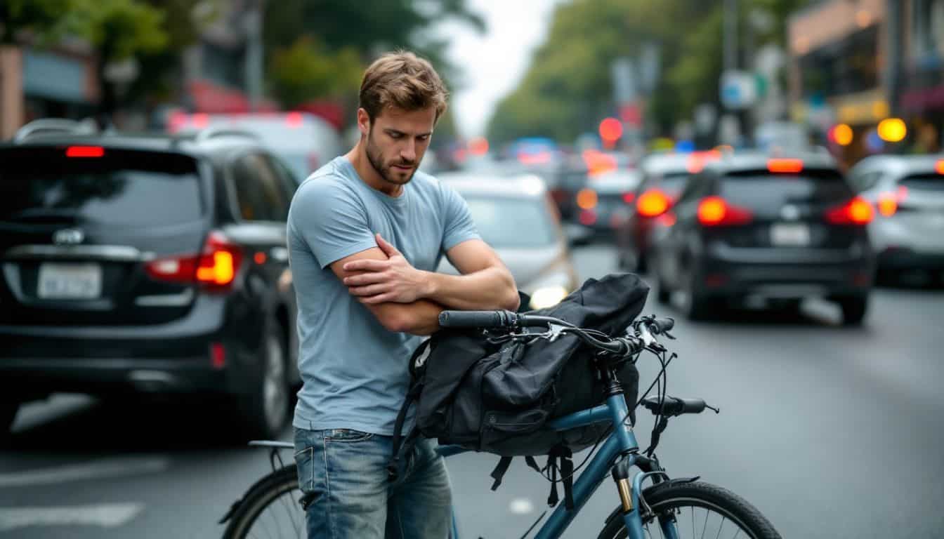 A man standing on a busy city street examines a damaged bicycle after a collision with an Uber vehicle.