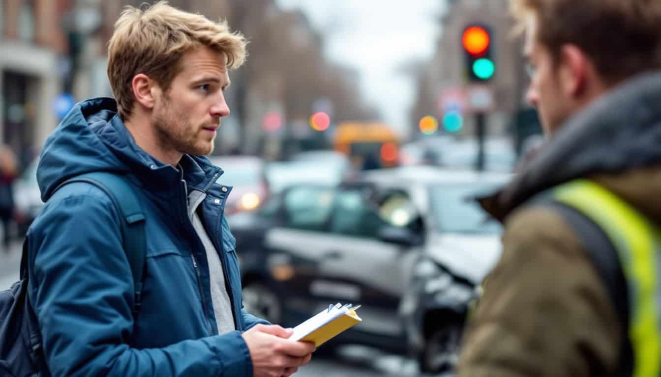 A person gathers witness statements at a car accident scene.