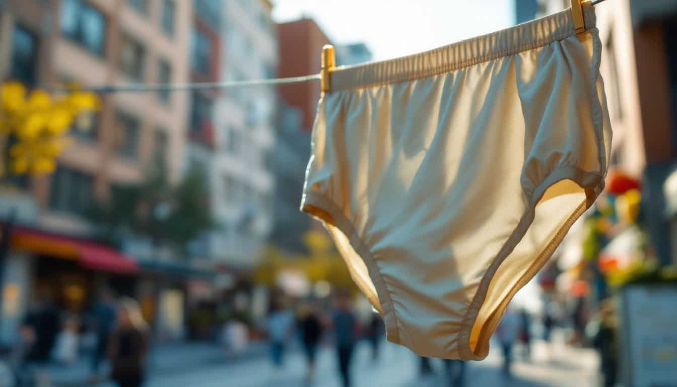 Durable nylon underwear hanging on urban clothesline in busy city.