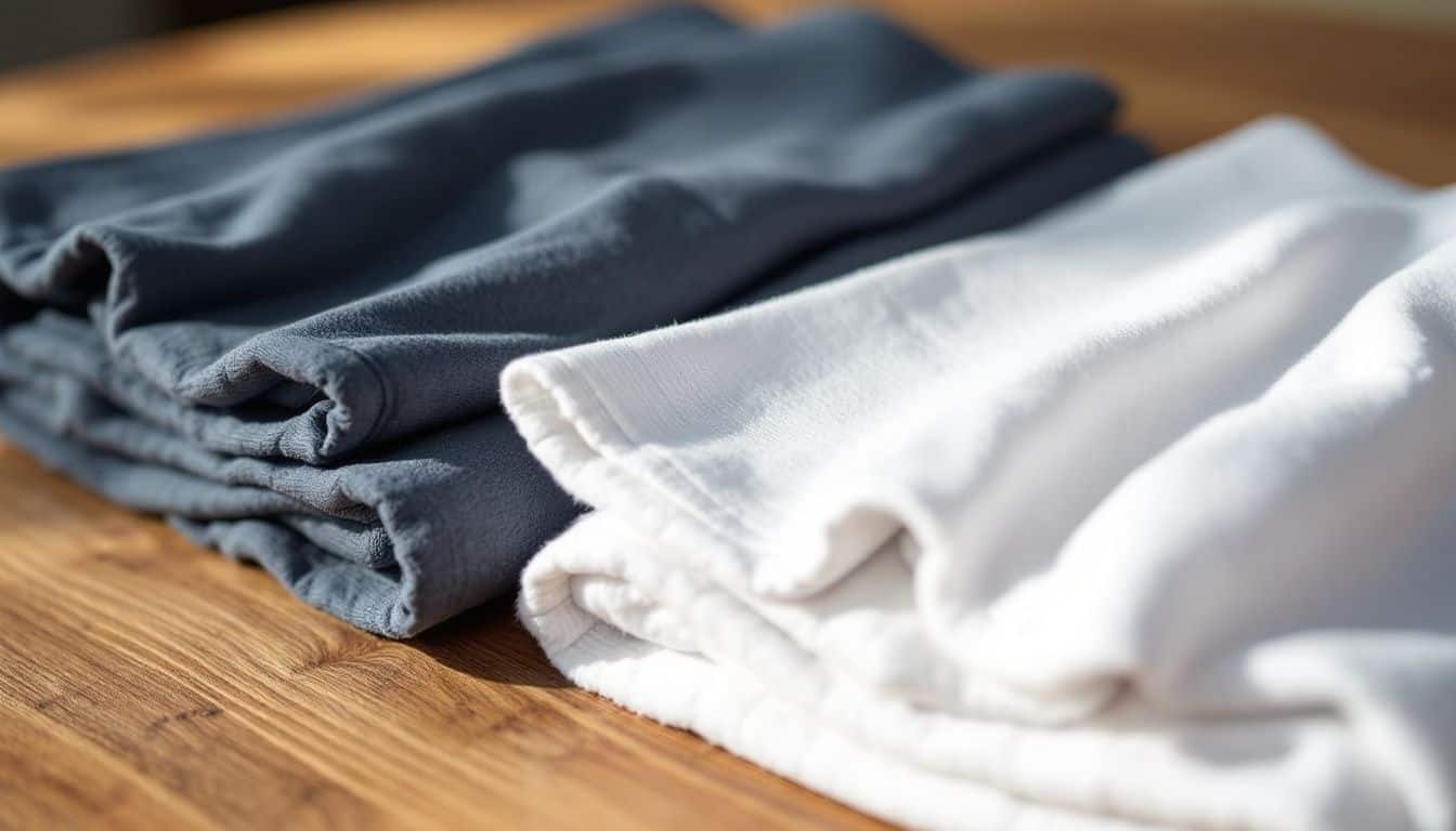 A close-up of folded cotton and nylon underwear on a table.