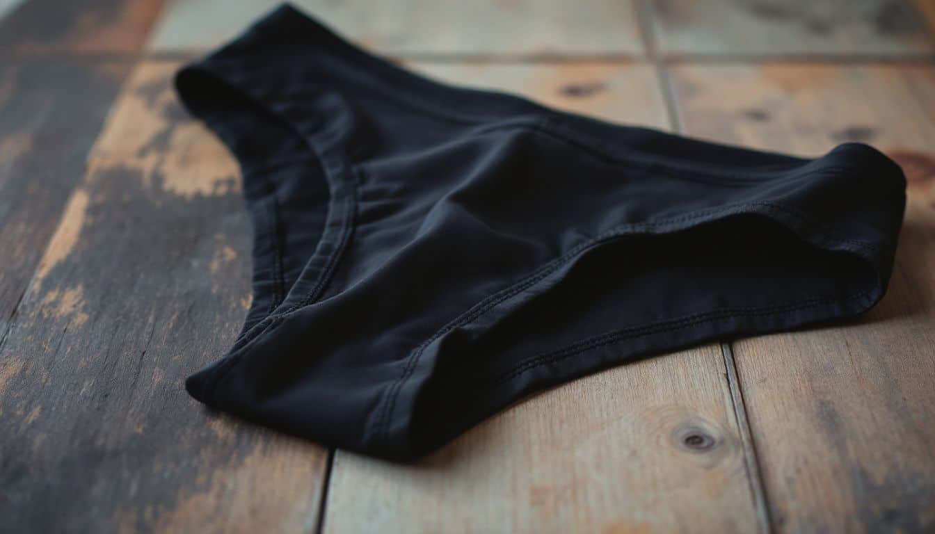 A close-up photo of a black nylon underwear laid on wood surface.