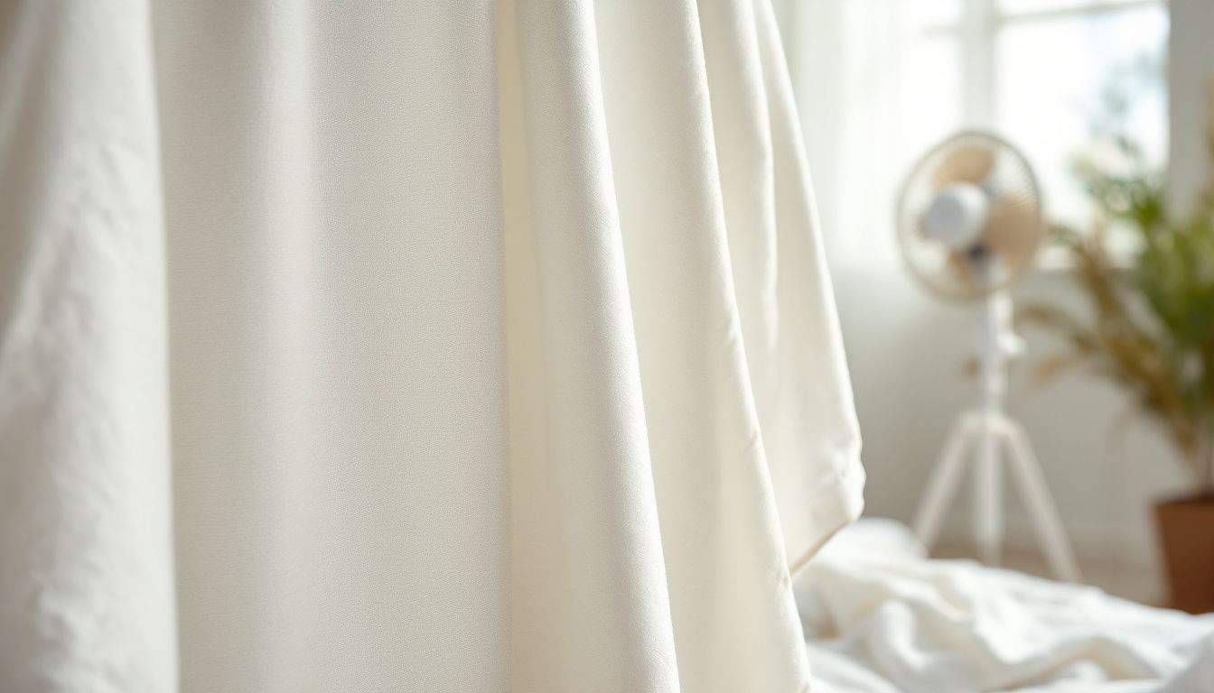 A close-up of a soft, organic cotton bedsheet hanging in a bedroom.