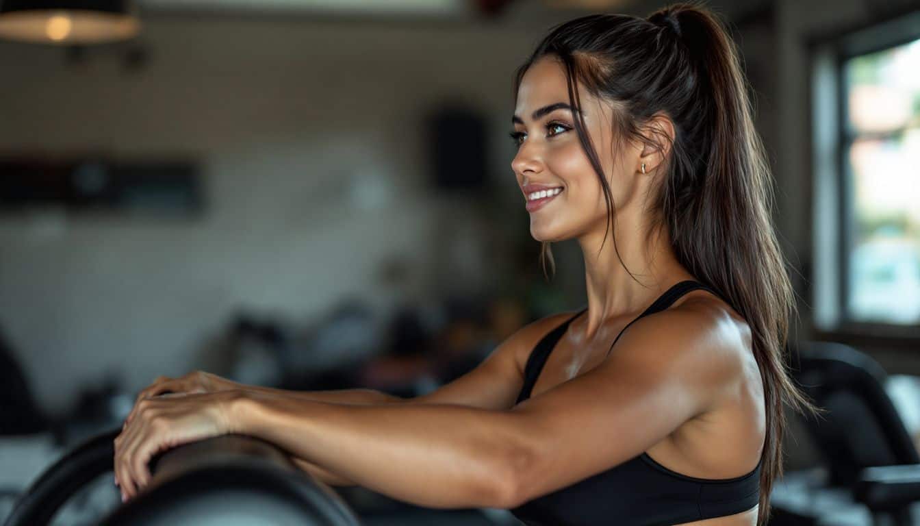 A young woman exercises in a hot gym wearing workout leggings.