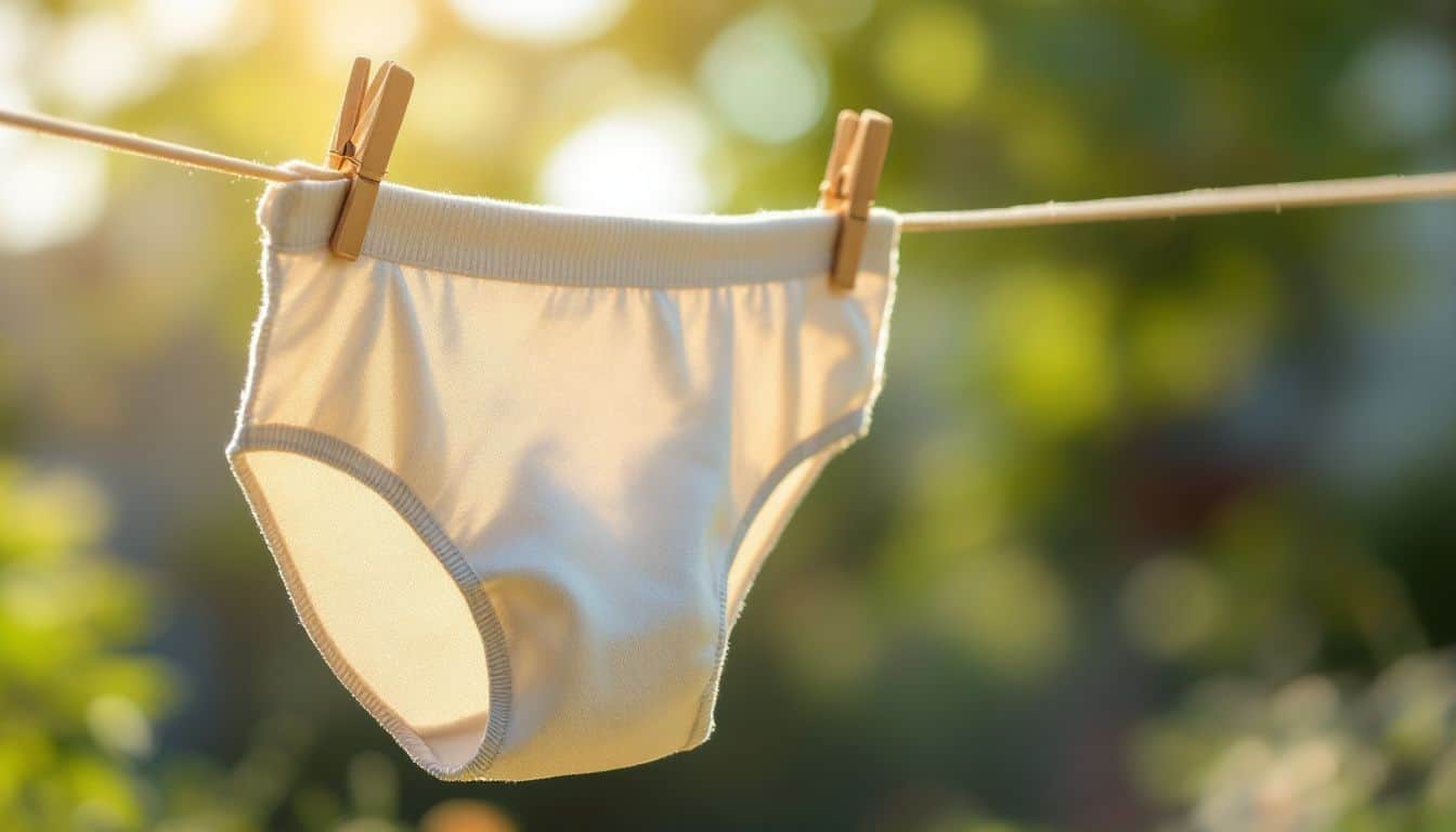 A single cotton underwear hanging on an outdoor clothesline.