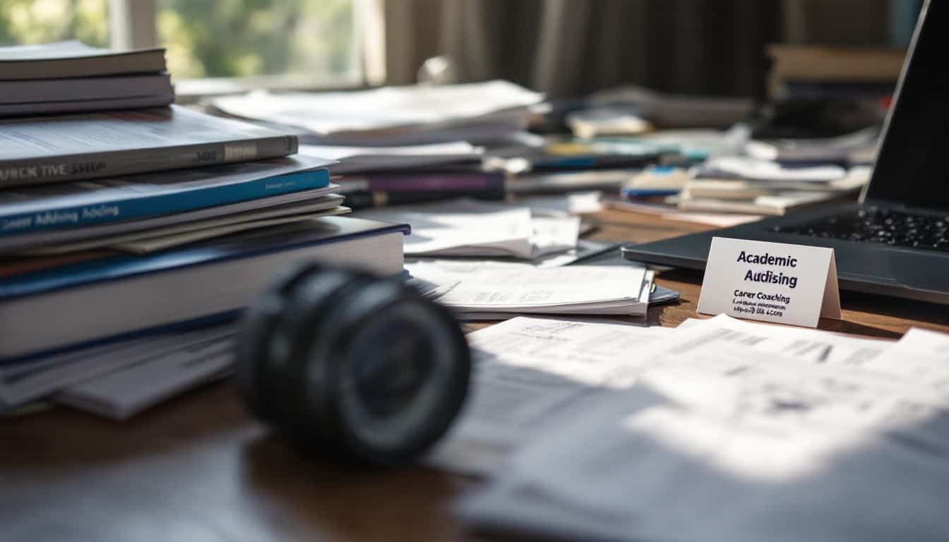 A cluttered desk with scattered papers, textbooks, and a laptop.