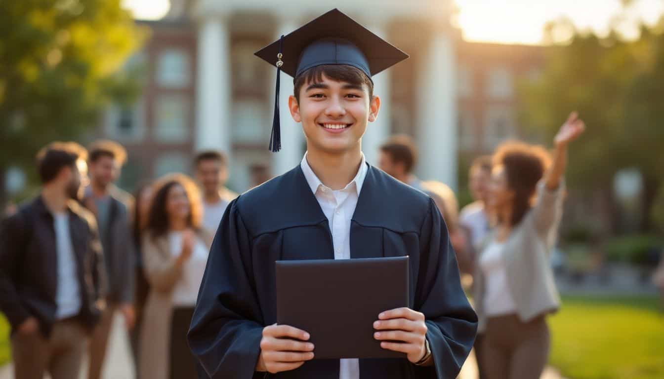 A young graduate proudly holds a diploma while friends and family cheer.