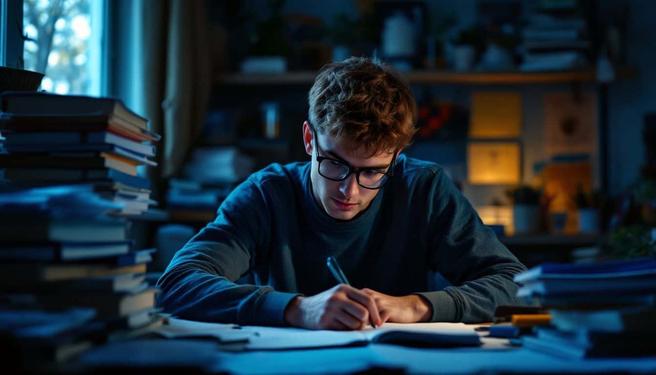 A young man studies late at night surrounded by books and notes.