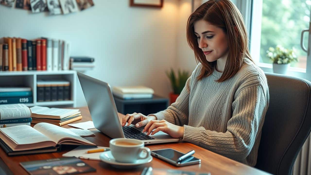 A young woman researching degree programs in a cozy home office.