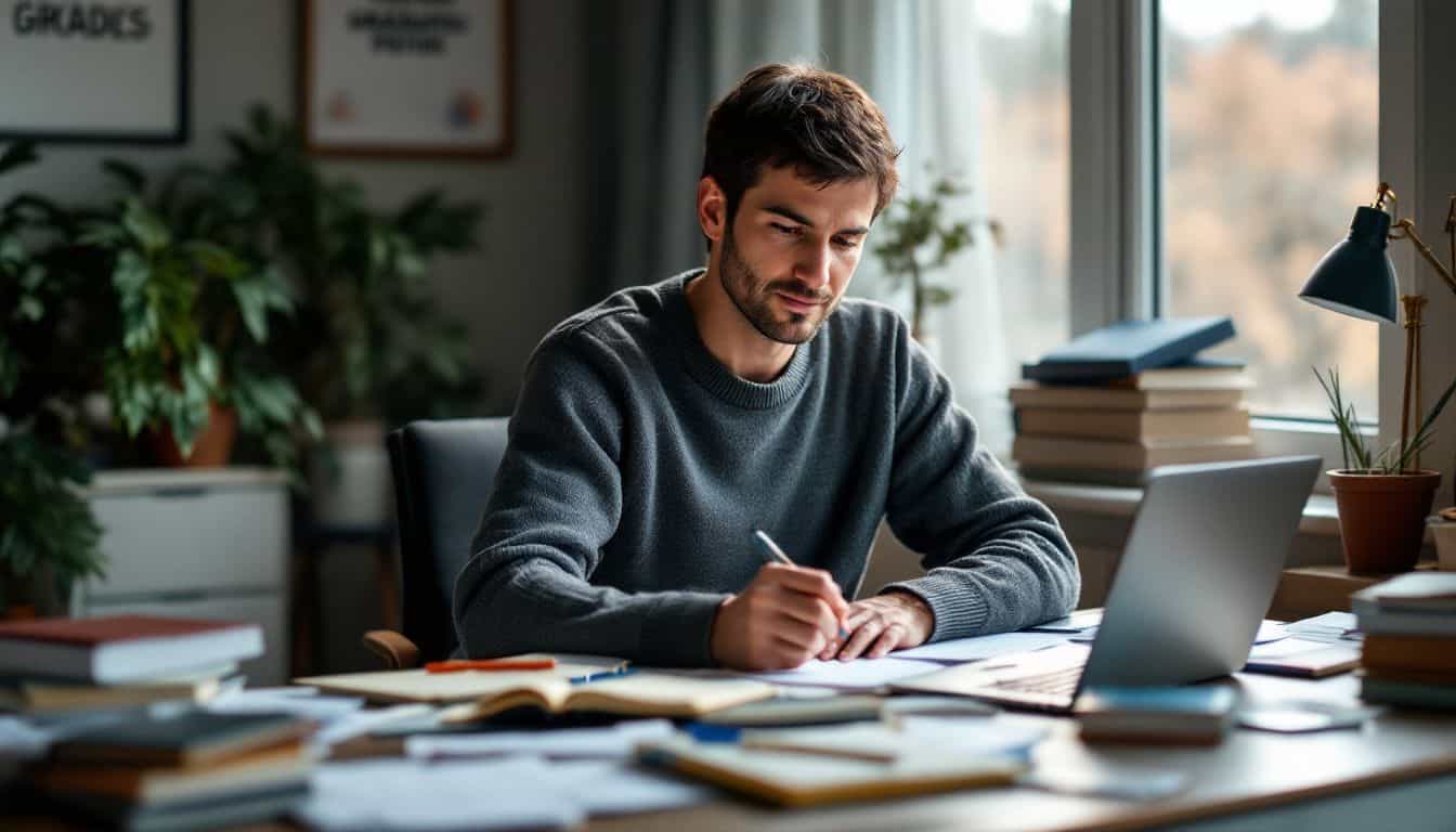 A professional researching graduate programs in a cozy home office.